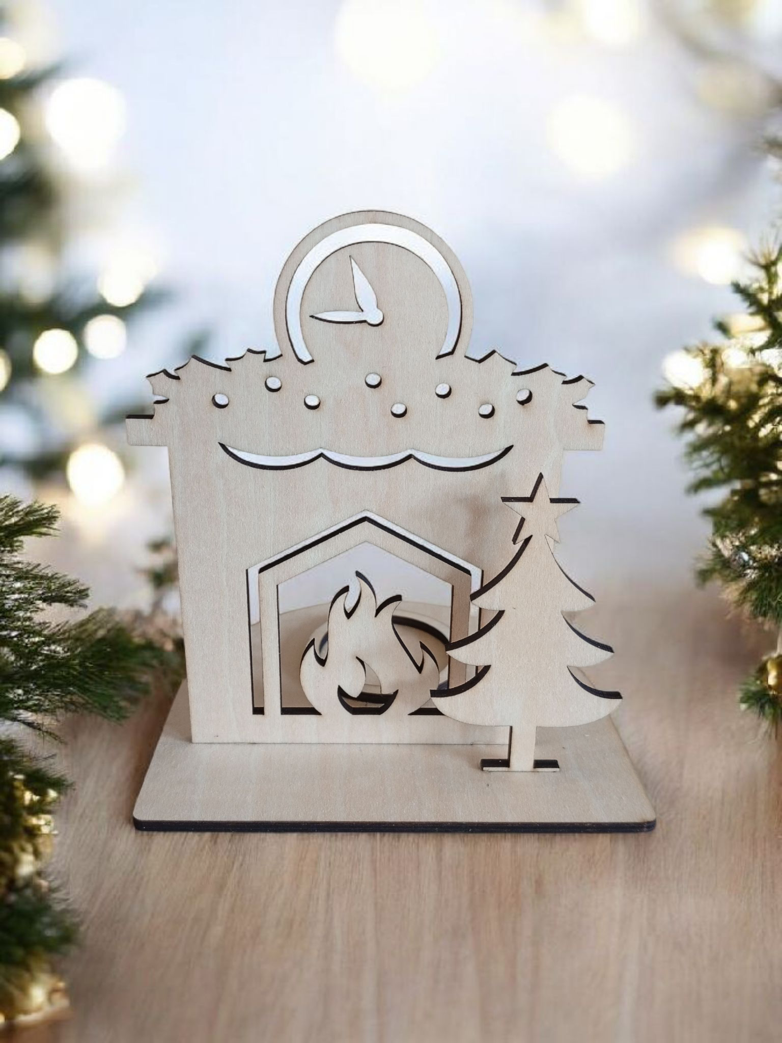 Teelichtstand Kamin mit Tanne digitale Datei SVG, AI, LBRN2, DXF